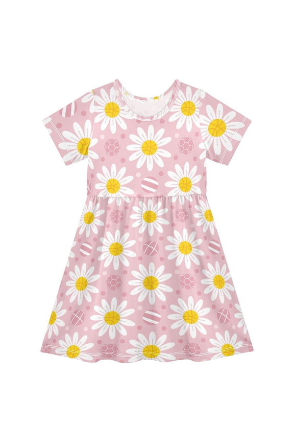 Daisy Flowers Polka Dots Girls Short Sleeve Dress A Line Sun Protection Breathable Comfort Sundress 2T