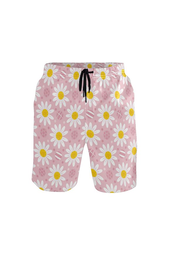 Daisy Flowers Polka Dots Mens Swim Trunks Quick Dry Board Shorts Breathable Fit Beach Shorts Swimwear