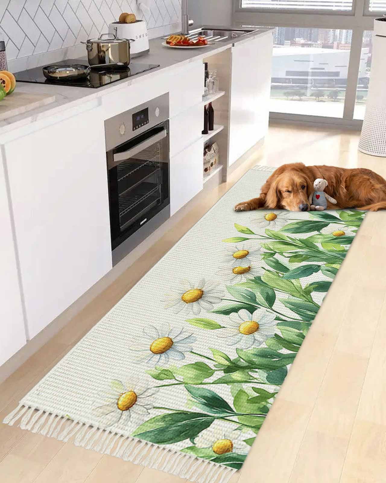 Daisy Flowers Runner Rug for Hallway 2x5ft, Spring Floral Leaf Washable ...