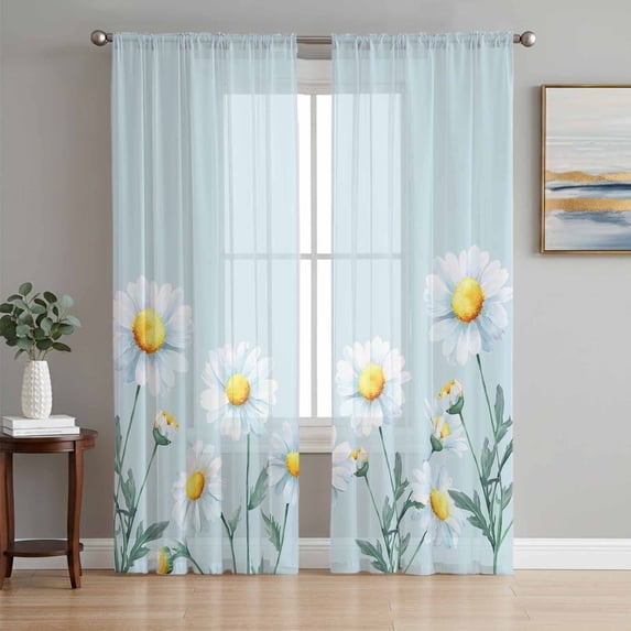 Daisy Flowers Sheer Curtains 96 Inch Length 2 Panels Set, Spring Floral Leaves Plants Light Blue Voile Window Treatment Semi Sheer Long Curtains Drapes for Bedroom/Living Room/Kitchen 52"x96"x2