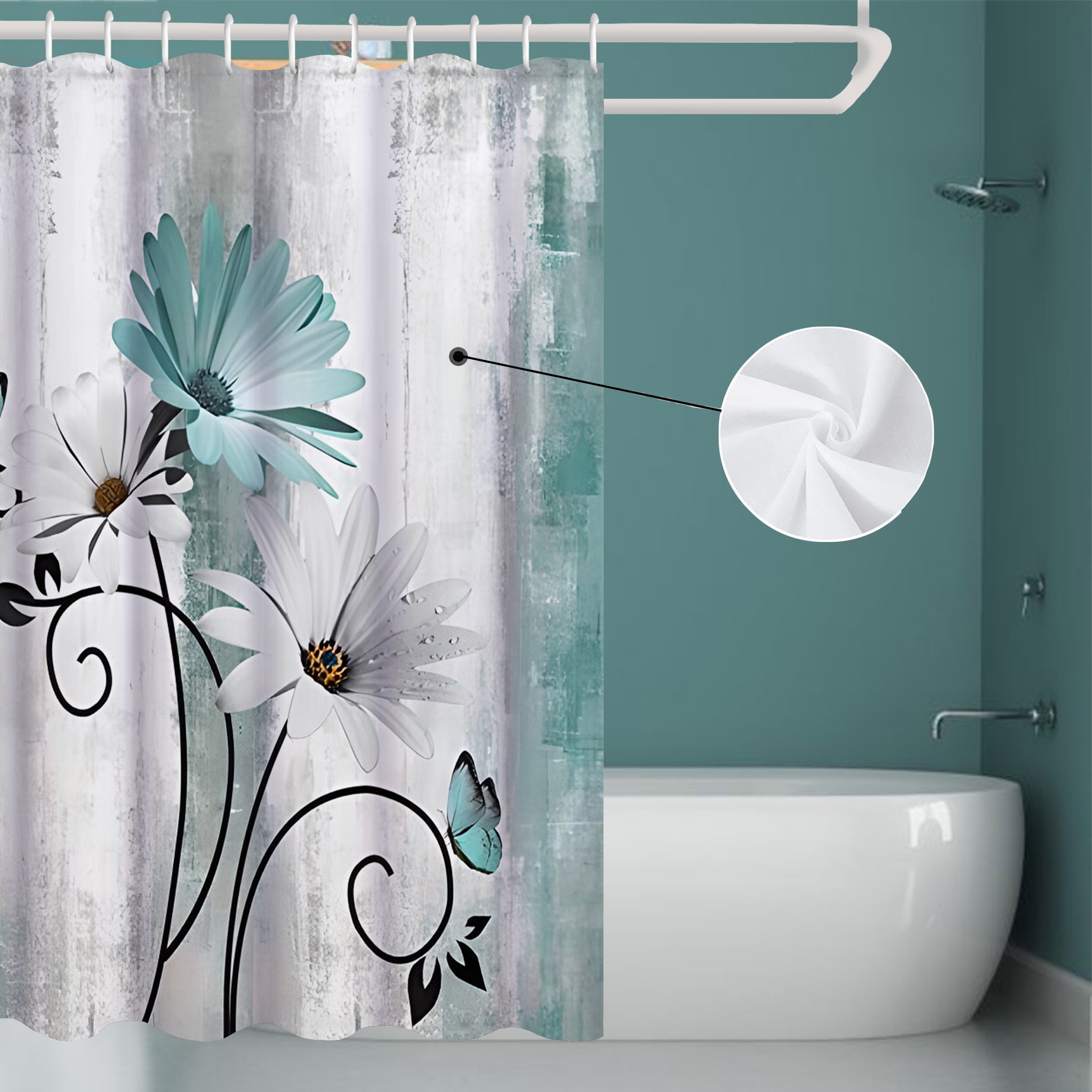 Daisy Flowers Shower Curtain Rustic Farmhouse Turquoise Bath Curtains  Country Wooden Style for Bathroom, Teal Shower Curtains with 12 Hooks 72x72  Inch - Walmart.com, image size:2448x2448