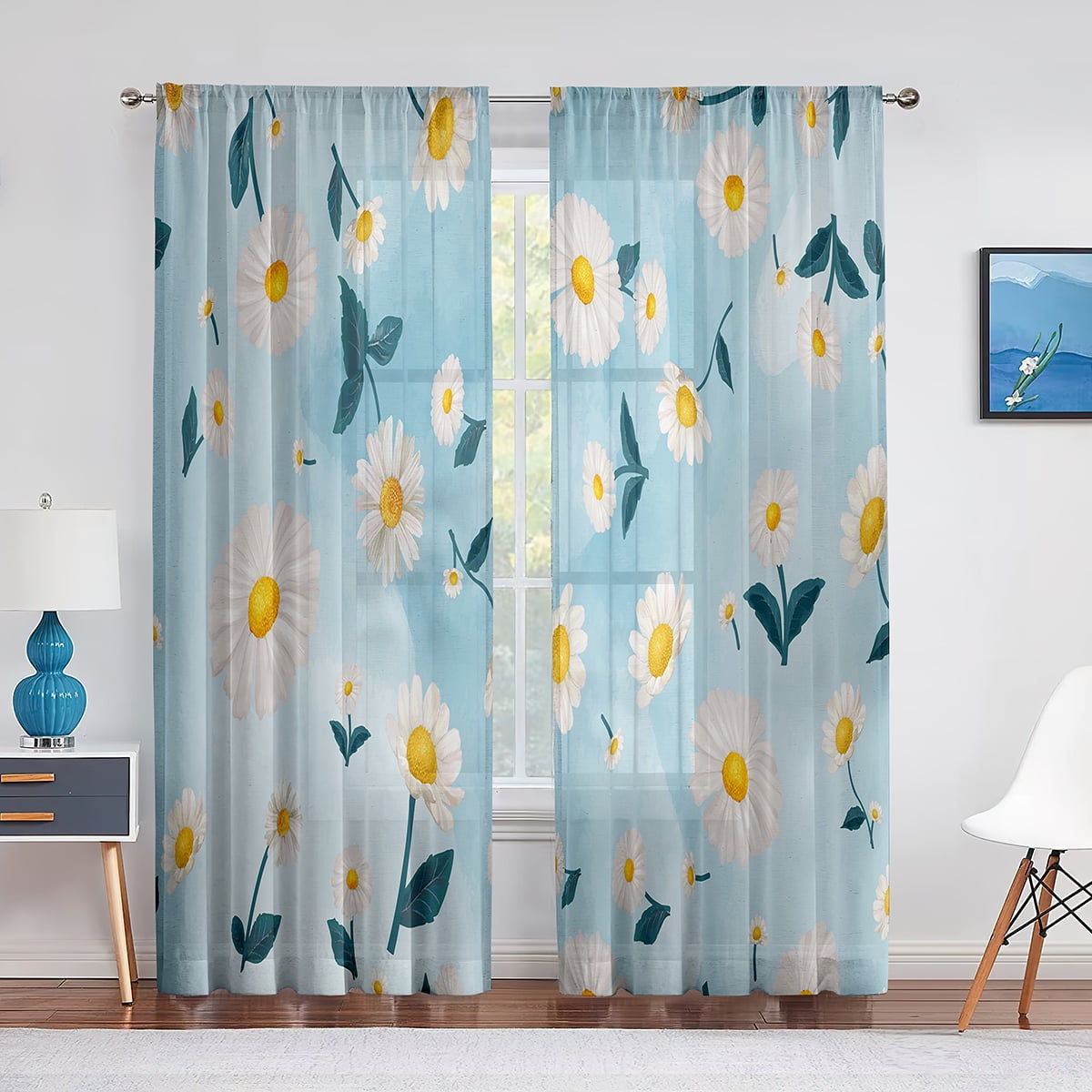 Daisy Flowers Spring Summer Floral Leaves Blue Tulle Modern Sheer ...