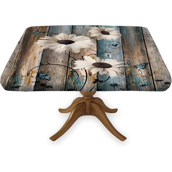 Daisy Flowers Square Fitted Tablecloth, Rustic Floral Blossom Table Covers, Fits 36x36 In Table, Vintage Wood Planks Elastic Edge Table Cloth, for Holiday Party Banquet Dinner Use
