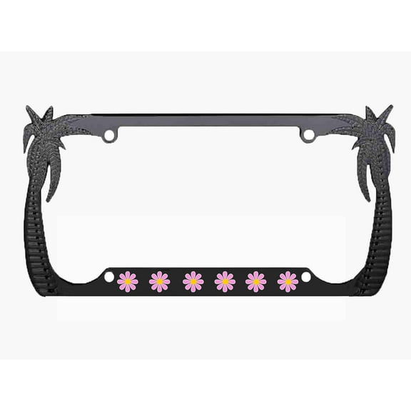 Daisy Flowers Style Palm Tree Heavy Duty Metal License Plate Frame Personalised/Car Accessories Car Tag Holder Cover Cute Girly Gift for Women (Chrome/Light Pink)