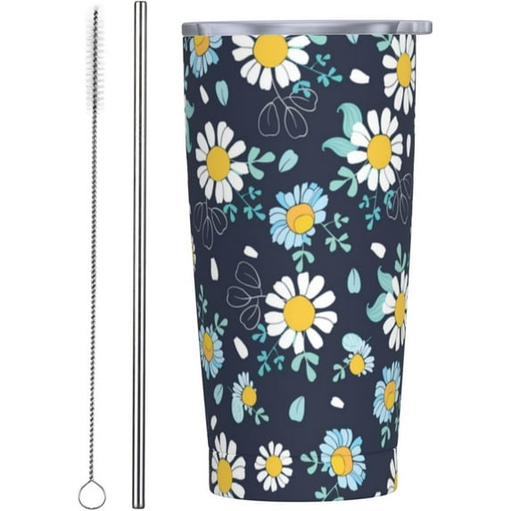 Daisy Flowers Tumbler 20oz Floral Stainless Steel Insulated Tumblers with Lid and Straw Spring Travel Coffee Mug Tea Wine Cups Water Bottle Sport Gifts for Women
