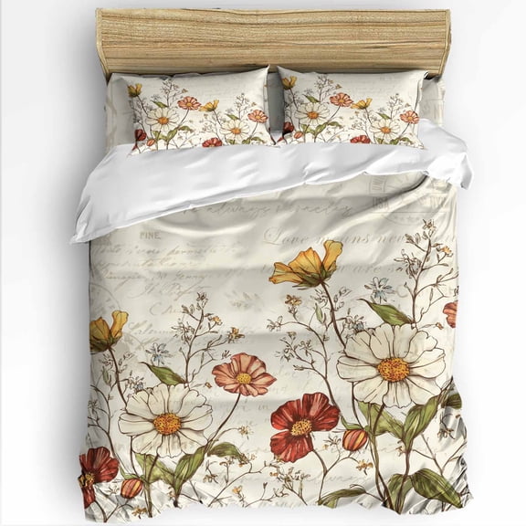 Daisy Flowers Twin Size Comforter Set, Plants Retro Spring Soft Bedding for All Seasons, 4 Pcs Bed Set with 1 Comforter (68"x86") ,1Sheet(66"x116"), 2 Pillowcases (19"x29")