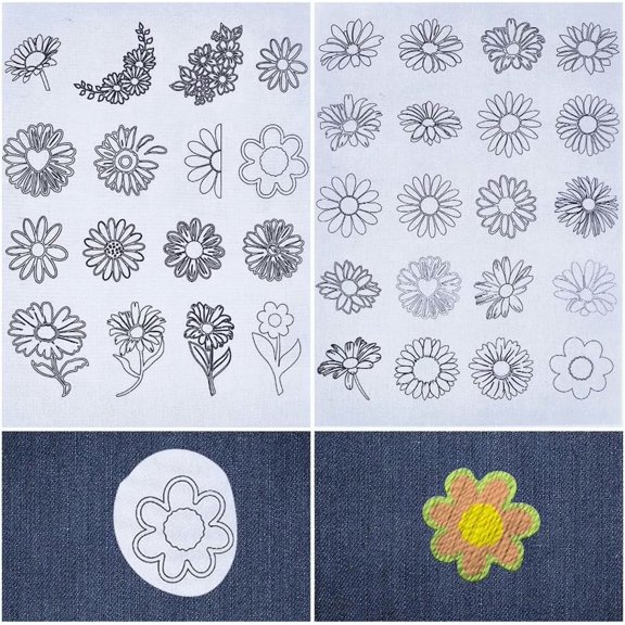 Daisy Flowers Water Soluble Embroidery Stabilizers Hand Sewing Stick and Stitch Transfers Paper Wash Away Pre-Printed Self Adhesive Patterns for Bags Cloth Sewing Lovers Beginner Needlework 1bag