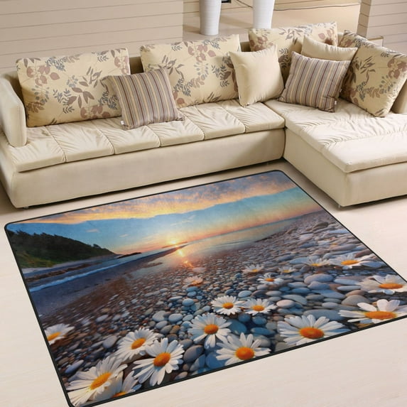 Daisy Flowers on Beach Area Rugs Soft Non-Slip Floor Mats Large Nursery Carpets Doormat for Living Room Bedroom Hotel Decor 63"x48"