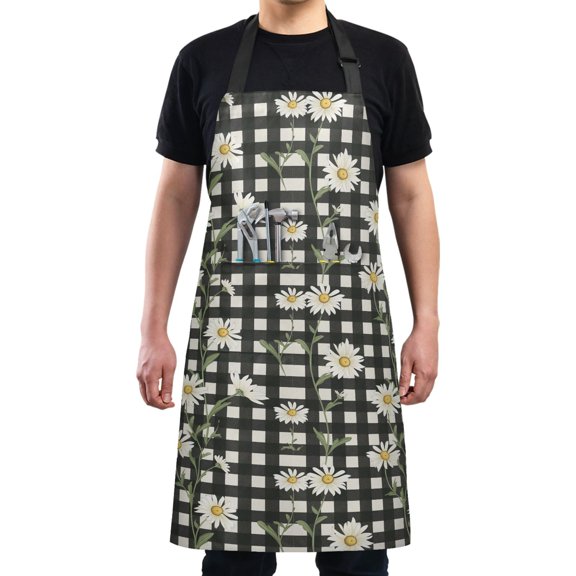 Daisy Flowers on Checkered Kitchen Apron with 2 Pockets Adjustable waterproof Cooking Aprons for Women Men Chef