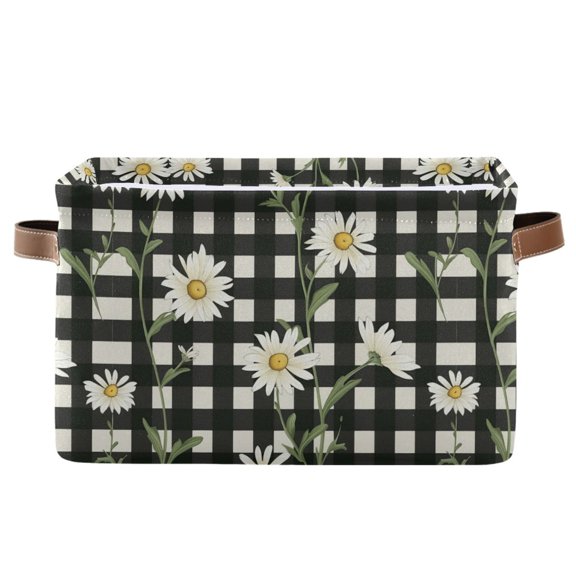 Daisy Flowers on Checkered Storage Bins with Handle Fabric Organizer Basket Foldable Box 1 Pack 14.2x10.2x8.3