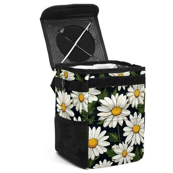 Daisy Foldable Car Trash Bin with Lid, Leak-Proof Mini Trash Can for Car with Hanging Storage Bag
