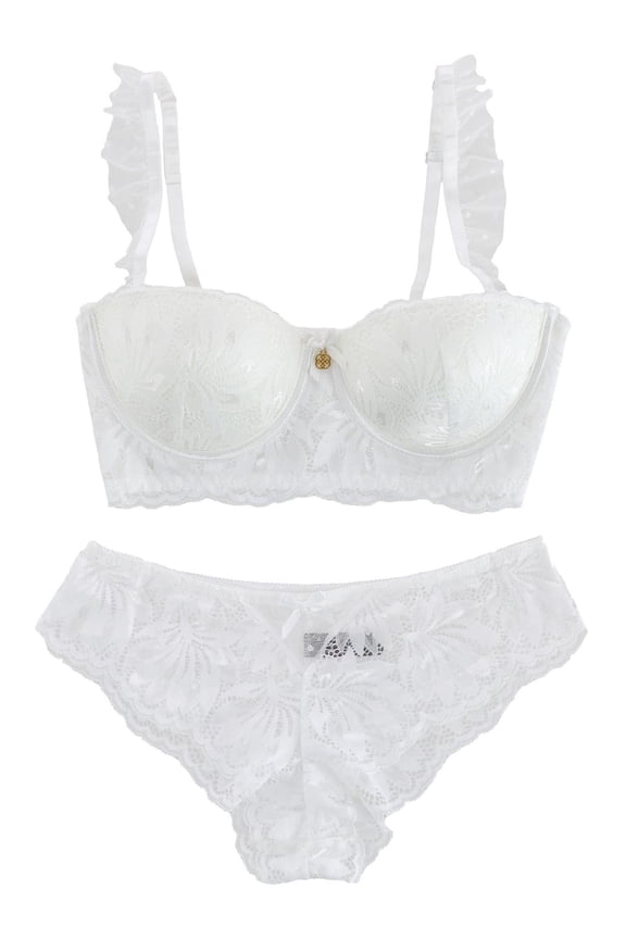 2 Piece White Ruffle Lace Bra and Panty Set (Women)