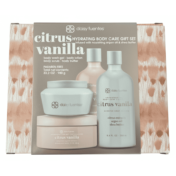 Daisy Fuentes Citrus Vanilla Hydrating Body Care Gift Set - Body Wash Gel, Body Lotion, Body Scrub and Body Butter