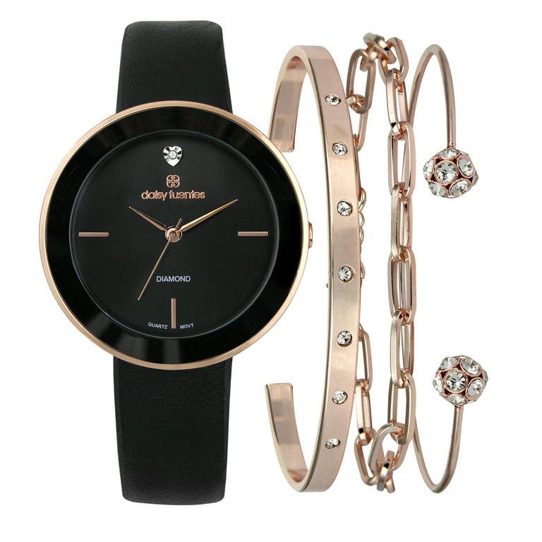 Daisy Fuentes Elegant Women's Watch with Black Dial, Diamond Accent,  Assorted Gold Bracelet - Timeless Style and Luxury