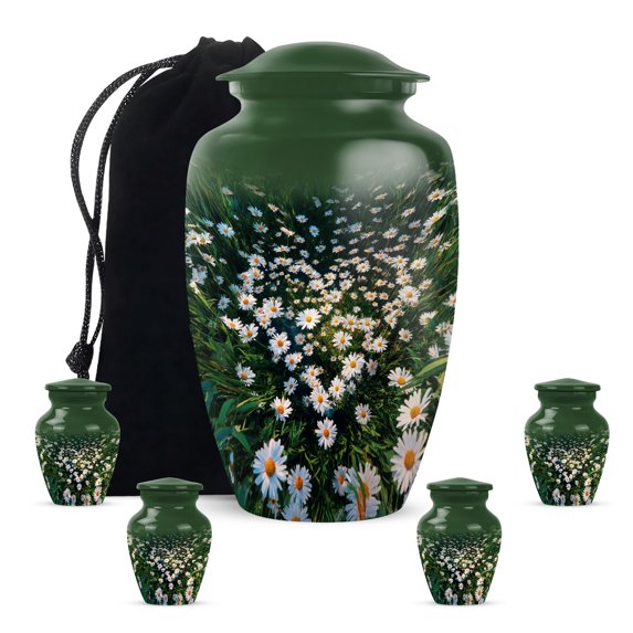 Daisy Funeral Cremation Urns For Adult Ashes Women - Decorative Urns For Human Ashes Adult Man - 1 Large & 4 Blue Keepsake Urn For Mother - Green Urn For Mom & Dad - 10 & 3 Inch