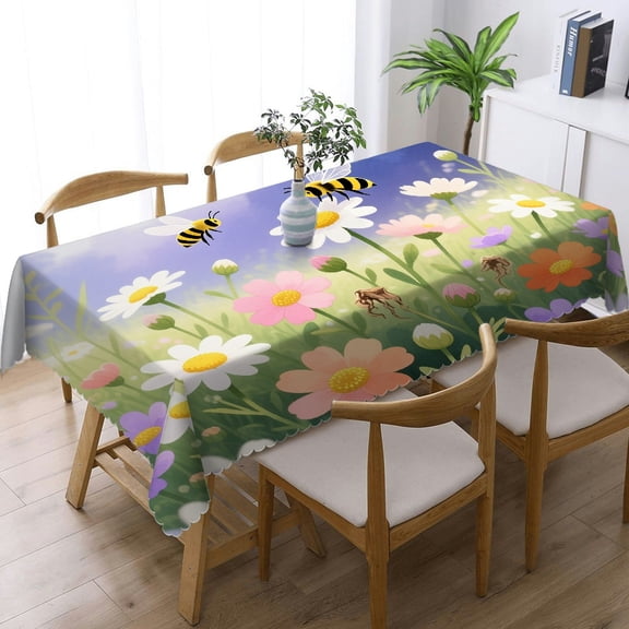 Daisy Garden with Butterflies and Bees Tablecloths rectangle with Lace Trim, - Festive Table Setting Rectangular Tablecloth, Cafe, dinner, picnic