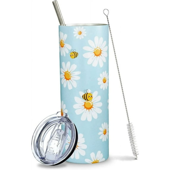 Daisy Gifts for Women Girl- Daisy Floral Bee Tumbler/Cup/Coffee Travel Mug/Water Bottle- Cute Yellow Blue Metal Thermal Insulated Tumblers 20 Oz - Honey Bee Flower Daisy Decor Accessories -Birthday