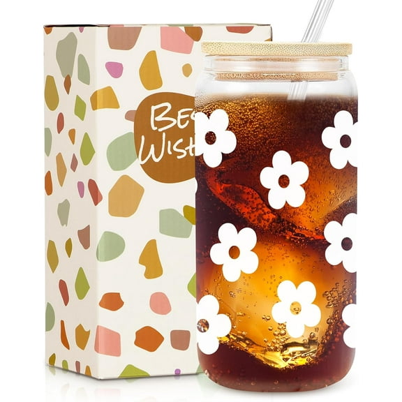 Daisy Glass Cup with Lid & Straw, Cute Daisy Gifts for Friends Female, Best Friend Birthday Gifts, Iced Coffee Glass, Aesthetic Cups, Floral Cup, 16oz