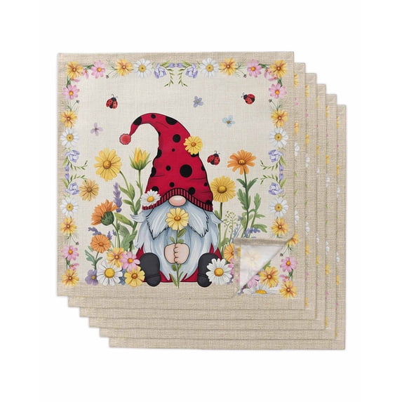 Daisy Gnomes Cloth Napkins Set of 6 Reusable Dinner Napkins, Farmhouse Pastoral Garden Floral Burlap Cocktail Napkin Washable Table Napkins for Wedding/Holiday Party/Baby Shower 20"x20"