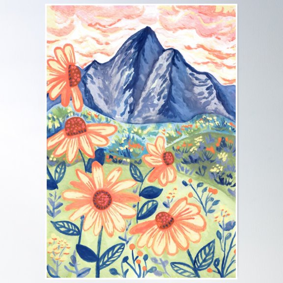 Daisy Gouache Mountain Landscape Poster Wall Art, Modern Wall Decor, 8x12 UNFRAMED