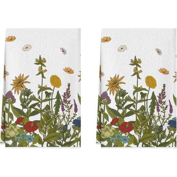 Daisy Grass Flowers Spring Kitchen Towels Summer Dish Towels 18x26 Inch Home Kitchen Decorations Hand Towels Set of 2 Drying Dishcloth