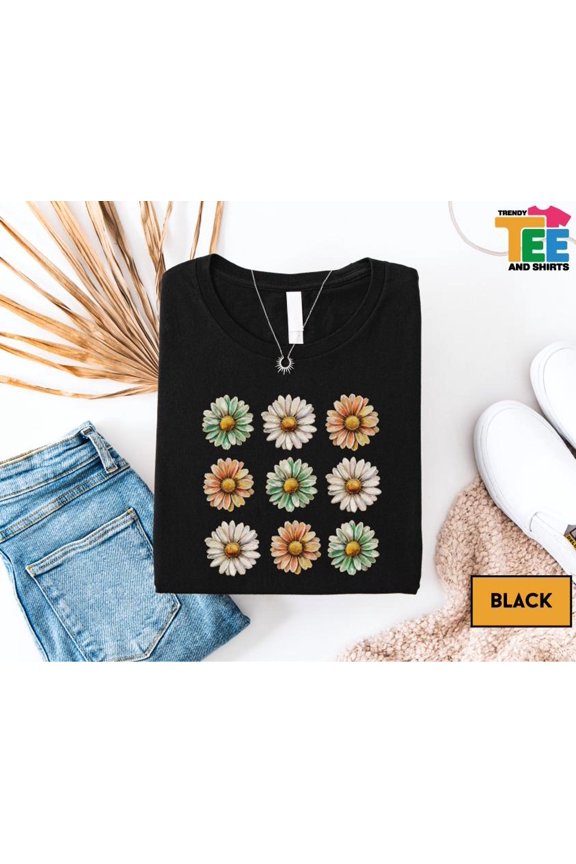 Daisy Grid Flowers Shirt Retro Spring Blooms TShirt Cottage Garden Top Soft Floral Pattern