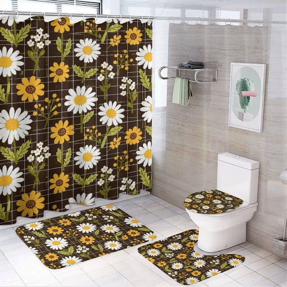 Daisy Grid Bathroom Shower Curtain Sets,4 Pcs Waterproof Fabric Shower Curtain 72"x72" with Non-Slip Flannel Bath Mat, U-Shaped Rug and Toilet Lid Cover for Bathroom Decor