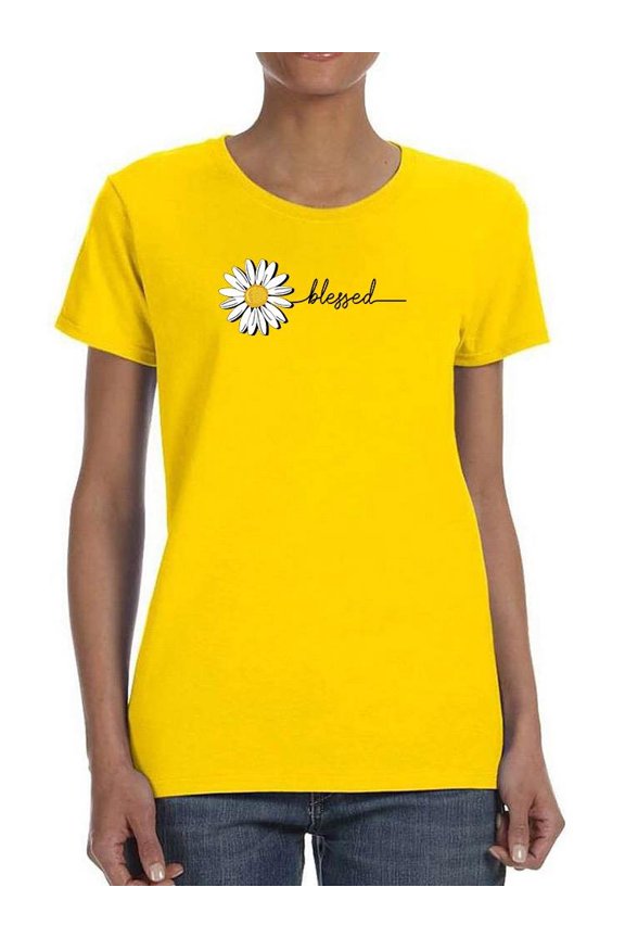 Daisy Hand Drawn Blessed Text T-Shirt Women -Image by Shutterstock, Female XX-Large