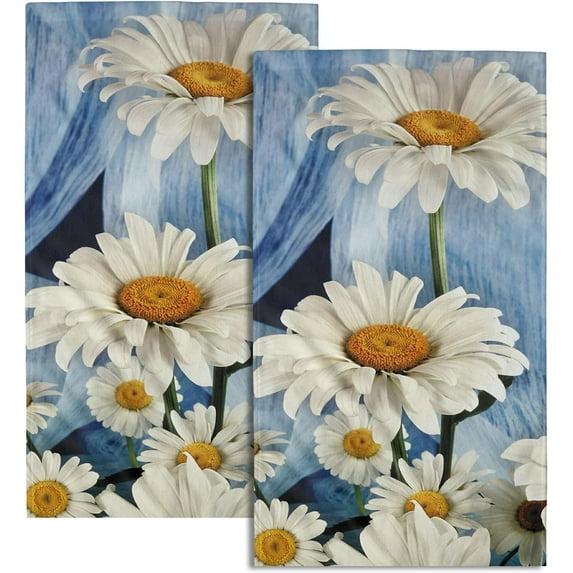 Daisy Hand Towels Set of 2 Rustic Flower Decorative Kitchen Dish Towel Soft Absorbent Fingertip Bath Towel for Spa Gym Bathroom