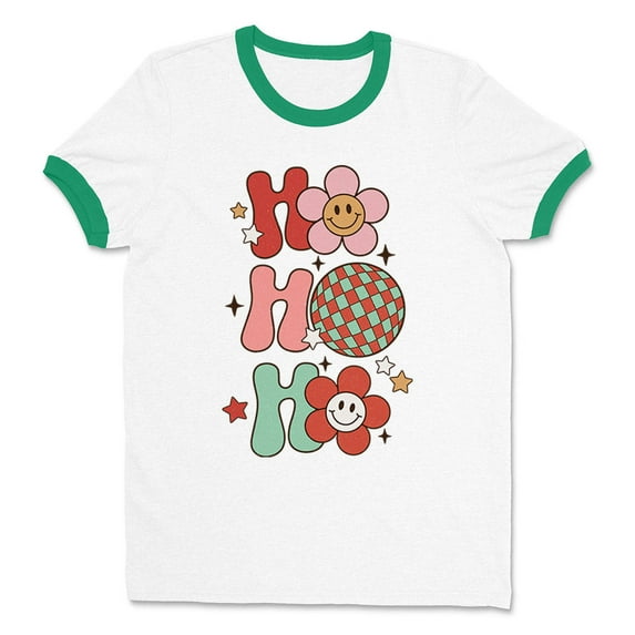 Daisy Ho Ho Ho Ringer Tee Shirt Unisex 2X-Large White/Kelly Green