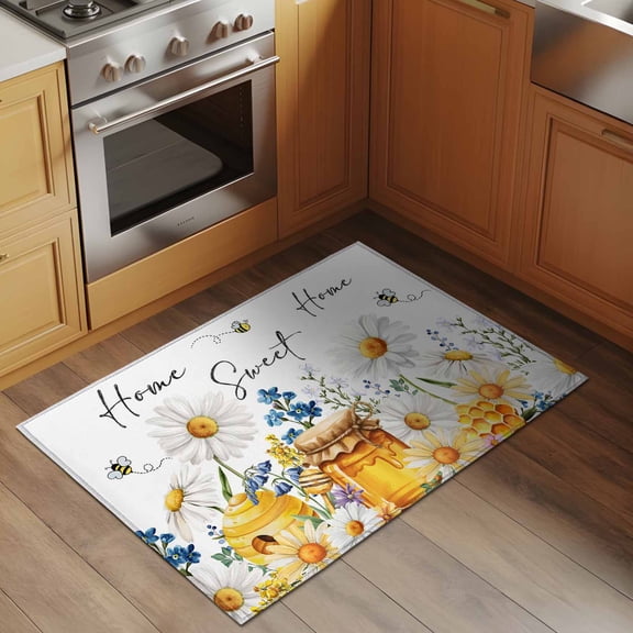 Daisy Honey 2x3 Rug for Entryway Front Door Kitchen Sink Area, Bee Blue Flowers Home Sweet Wildflowers Spring Low Pile Washable Non Slip Rectangle Area Rug