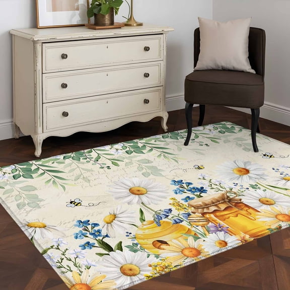 Daisy Honey 4x6 Rug for Dining Table for 4 People Under Table, Bee Blue Flower Green Eucalyptus Leaves Vintage ashable Non Slip Rectangle Area Rug