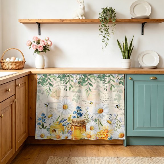 Daisy Honey Cabinet Curtains 10" W x 11" L Bee Blue Flower Green Eucalyptus Leaves Retro Waterproof Adhesive Kitchen Under Sink Curtain Dust-Proof Dishwasher Skirt for Closet