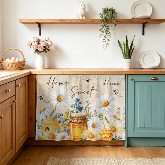 Daisy Honey Cabinet Curtains 10" W x 11" L Bee Blue Flower Home Sweet Wildflower Spring Vintage Waterproof Adhesive Kitchen Under Sink Curtain Dust-Proof Dishwasher Skirt for Closet