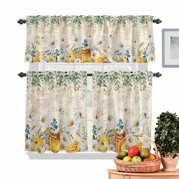 Daisy Honey Kitchen Curtains Valances 3 Piece Set, Bee Blue Flower Green Eucalyptus Leaves Retro Rod Pocket Tier Curtain and Valance Drapes for Small Window 24 Inch Length for Bedroom Cafe