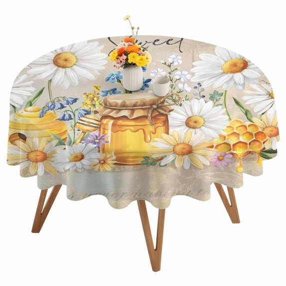 Daisy Honey Round Tablecloth 54 inches Bee Blue Flower Home Sweet Spring Wildflowers Waterproof Oil-Proof Table Cloth Round Table Cover for Holiday Party Picnic Dinner Decor Indoor and Outdoor Use