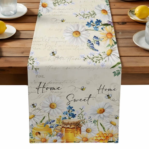 Daisy Honey Table Runner, Bee Blue Flower Home Sweet Wildflowers Spring Washable Kitchen Table Runners Dress Scarves for Dining Table Decorations Party, 13x90in