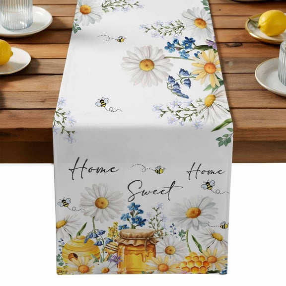 Daisy Honey Table Runner, Bee Blue Flowers Home Sweet Wildflowers Spring Washable Kitchen Table Runners Dress Scarves for Dining Table Decorations Party, 13x36in