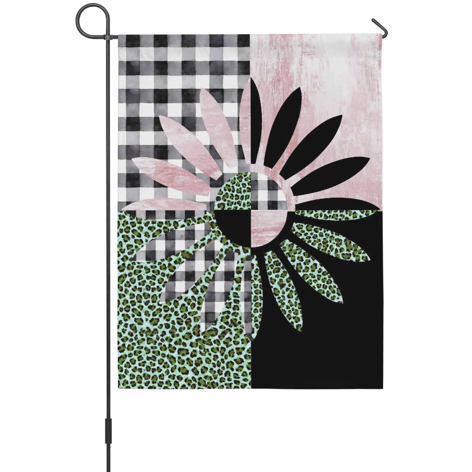 Daisy House Flag 28 x 40 Inches, Black White Buffalo Check Leopard Black Pink Weather Proof Outdoor Patio Flags Double Sided Small House Decoration for Yard Lawn Outside Home
