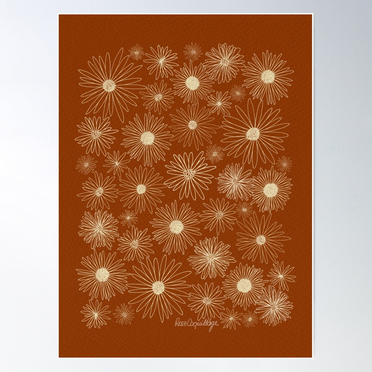 Daisy Illustration - Cream On Rust Poster Wall Art, Modern Wall Decor ...