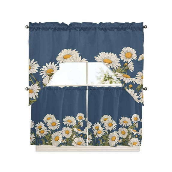 Daisy Kitchen Curtain and Valance Set 3 Pieces,Rod Pocket Short Tier Curtains 24 Inch Length,Spring Floral Summer Botanical Elegant Navy Blue Swag Topper Small Window Treatment for Cafe Bathroom