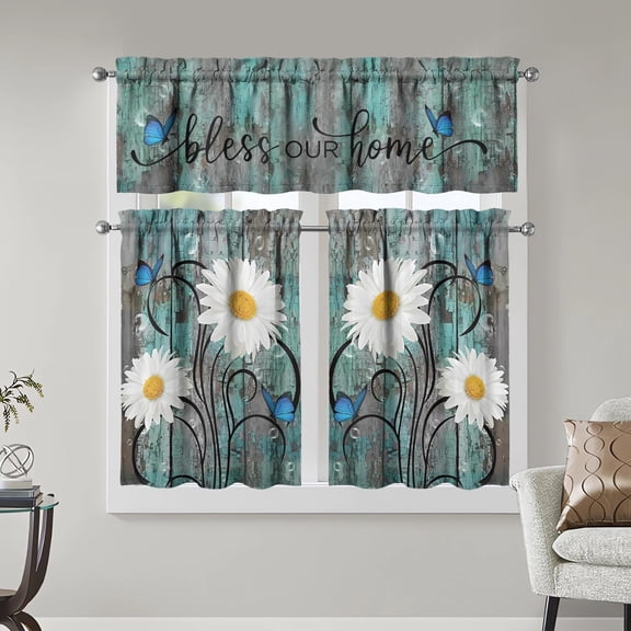 Daisy Kitchen Curtain Set, 52 x 18 inches and 27.5 x 39 inches, 3 Piece, for Bedroom, Living Room and Window