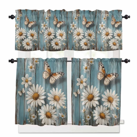Daisy Kitchen Curtains Valances and Tiers Set of 3, 24 Inch Length Tier Curtains and Valance Rod Pocket Valance Curtains Set for Kitchen Bathroom Small Windows