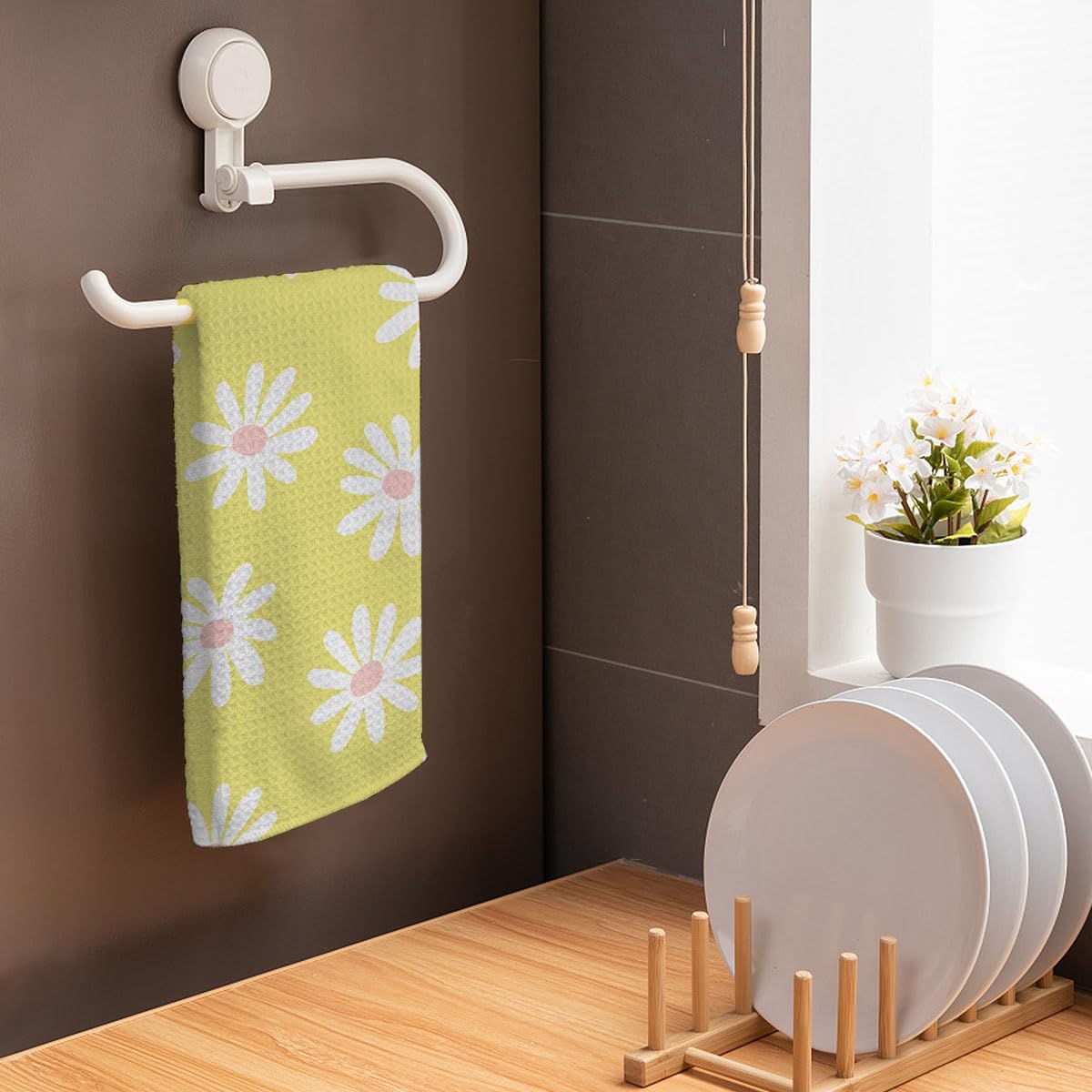 Daisy Kitchen Towels,Boho Daisy Flower Sage Green Floral Decorative