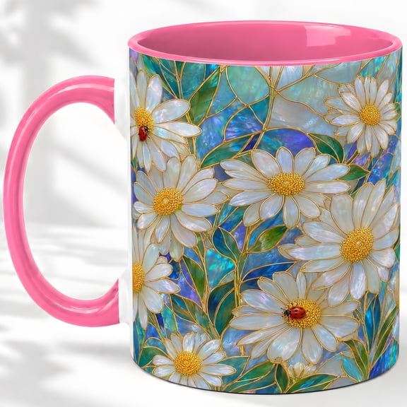 Daisy Ladybug Accent Mug, 11oz Ceramic Coffee Cup for Garden Lovers