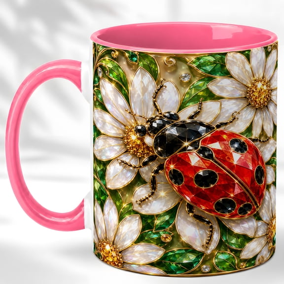 Daisy Ladybug Coffee Mug, Garden Insect Mug, Ceramic 11 oz
