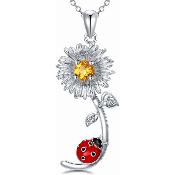 Daisy Ladybug Necklace 925 Sterling Silver Natural Citrine Daisy Flower Red Ladybug Pendant Jewelry Gifts for Women