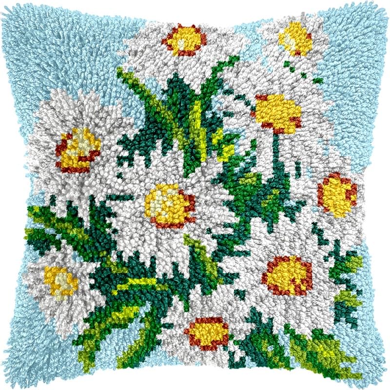Daisy Latch Hook Pillow Kits Pillow Cover with Pattern Printed Canvas Sofa Hooking Pillowcase Cushion Crafts Embroidery Latch Hooking Crochet Starter Kits 17x17 inch(1)