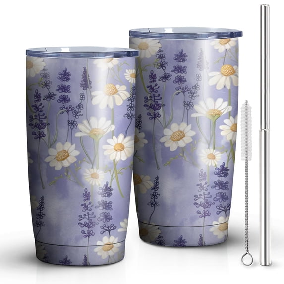 Daisy Lavender Flowers 20oz Tumbler Stainless Steel Double Wall Vacuum Insulated Coffee Mug Travel Cups for Wife Mom Daughter Sister Friend Coworker, Metal Straws and Brush