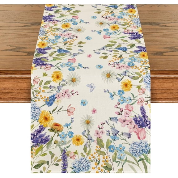 Daisy Lavender Hydrangeas Spring Table Runner,Seasonal Summer Wildflowers Kitchen Dining Table Decoration for Home Party Decor 13x48 Inch